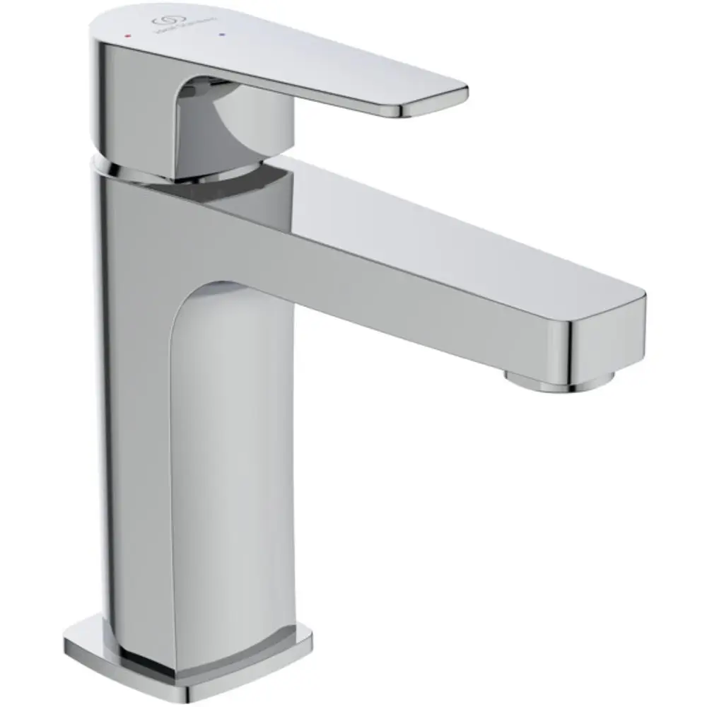 Waschtischarmatur in Chrom von Ideal Standard mit einer flachen, horizontalen Auslaufkante und einem seitlichen Hebel zur Temperaturregulierung.